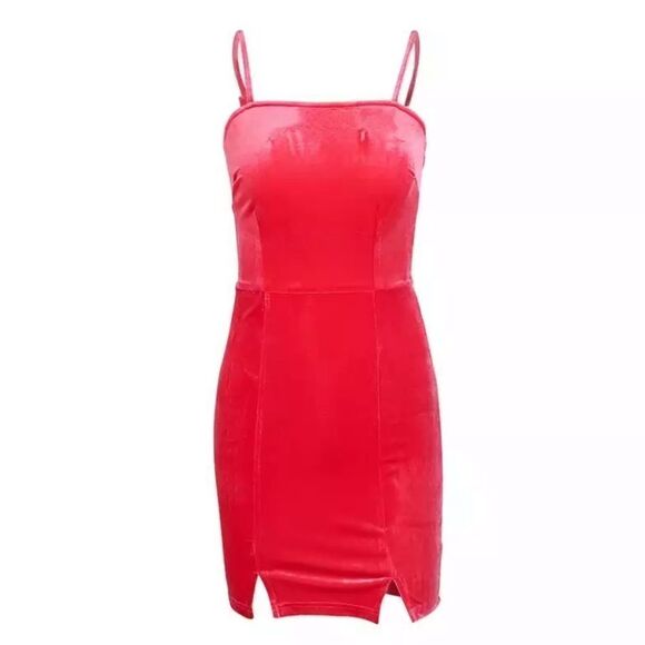 Host Pick! NEW! Red Velvet Split Hem Open Back Mini Dress - Picture 7 of 9